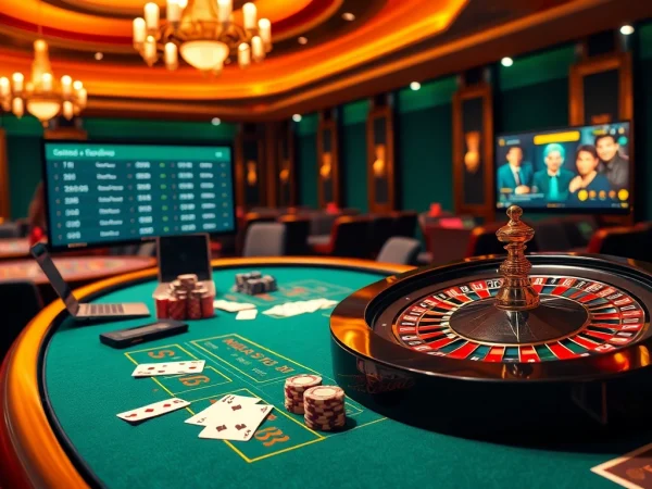 Engaging gambling scene featuring link vào ww88 with poker chips, table, and digital betting interface.