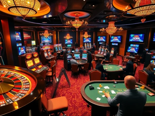 Players enjoying games at a luxurious casino, promoting 123win com for thrilling online gambling.
