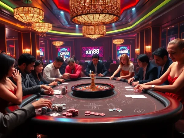 Players experiencing the thrill of gambling at xin88's luxurious casino environment, with vibrant poker chips and cards.