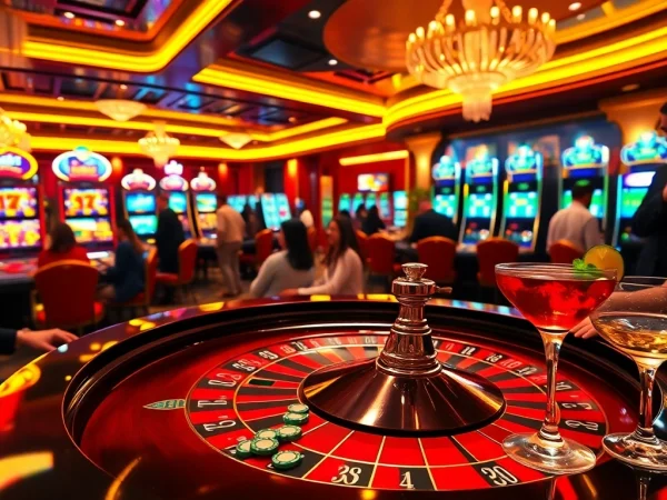 Experience thrilling gameplay at max88 with a luxurious casino setting featuring roulette and slot machines.