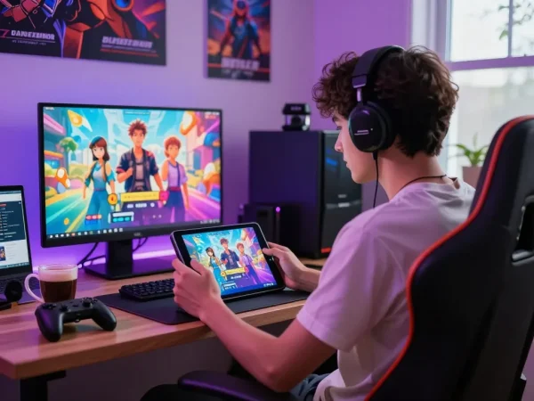 Engaging porngame experience with player immersed in a visual novel game, colorful UI and ambient lighting.