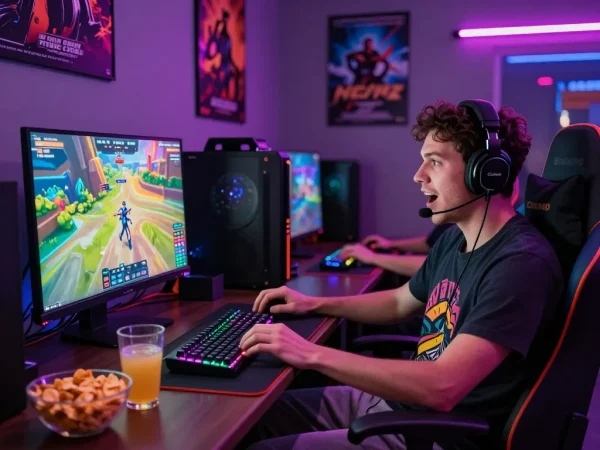Engaged player enjoying real porn games in a vibrant gaming lounge with neon lights and gaming gear.