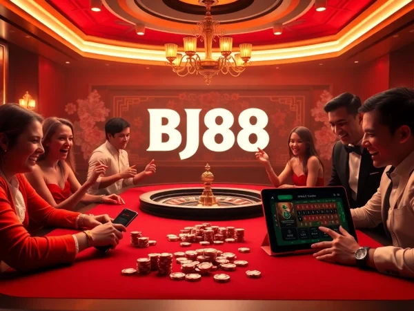 Players engage in a thrilling BJ88 casino game, showcasing excitement and luxury in an upscale gaming environment.