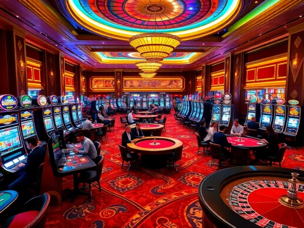 Players enjoying the excitement of 999E com é confiável at luxury casino tables, surrounded by vibrant gaming machines.