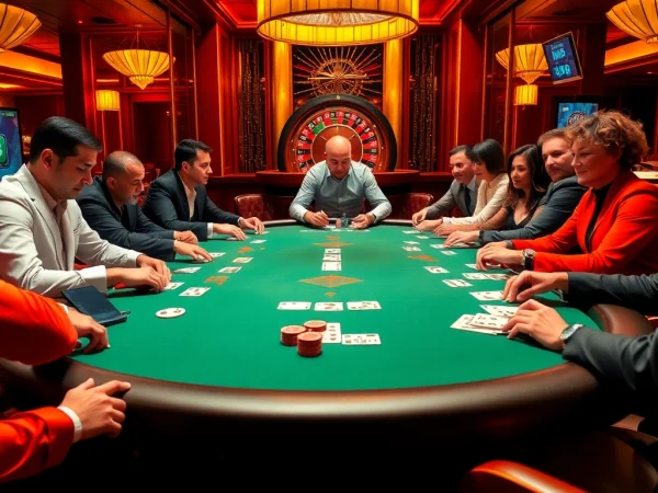 Players enjoying a poker game in a luxury casino with a vibrant atmosphere and 5MB gaming interface.