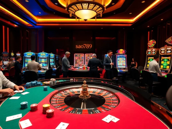 Sao789 gaming table with colorful chips and cards, showcasing excitement in a luxurious casino environment.