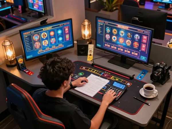 Player analyzing strategies on multiple screens while engaging with 88vv online casino games.