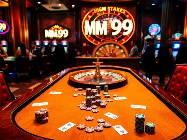 Experience the thrill at MM99's luxurious blackjack table in a vibrant casino setting.