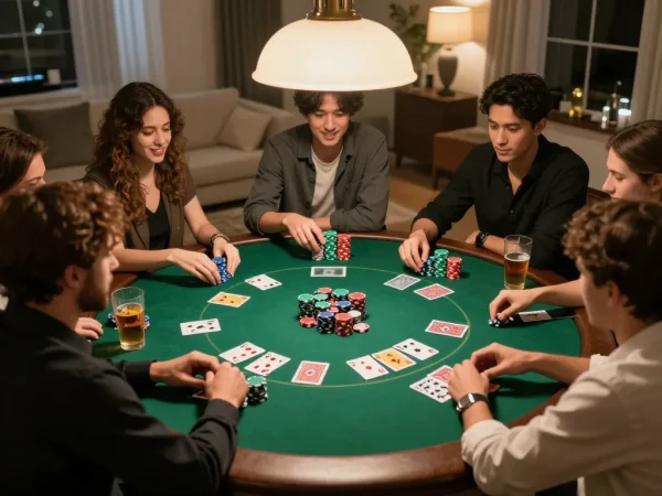 Players enjoying a competitive poker game at home with MB66 branding visible, emphasizing social gaming.