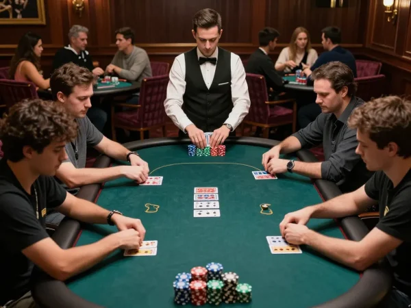 Kuwin789 players engaged in a high-stakes poker tournament in a luxury casino.