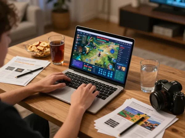 Engaged player exploring game bai doi thuong on a laptop in a cozy home setup, reflecting online gaming experience.
