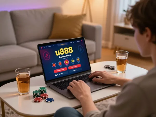 Engaging with u888 casino app on laptop in cozy home setup, showcasing responsible gaming.