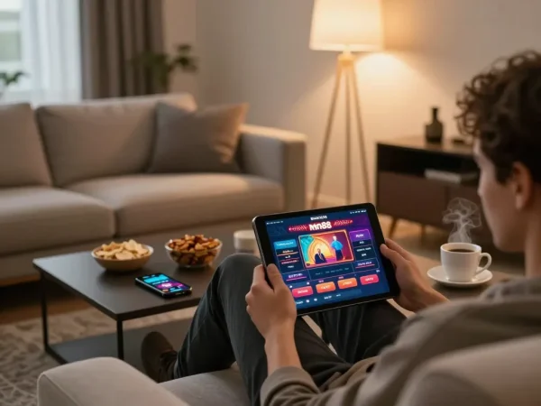 Player enjoying mn88 online casino on tablet in a cozy living room setup