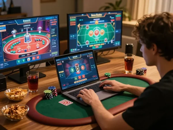 tg 88 player strategizing and enjoying online poker at home with multiple screens.