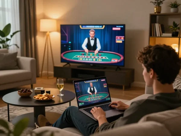 Engaged player enjoying a KK55 live dealer game on laptop, showcasing exciting online casino experience