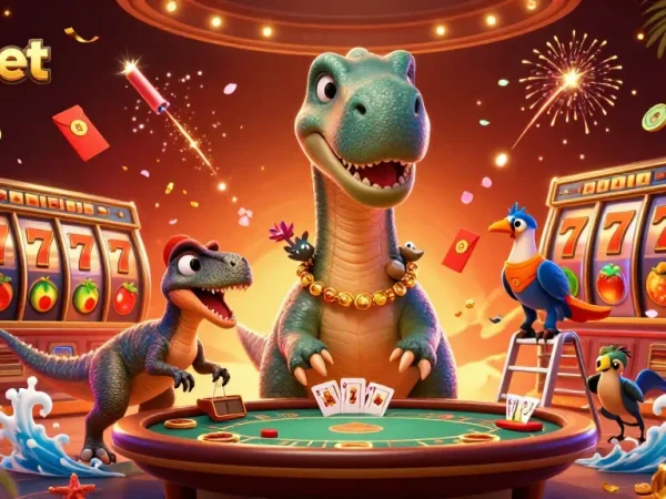 Experience topbet excitement with a brontosaurus at a lively casino scene.