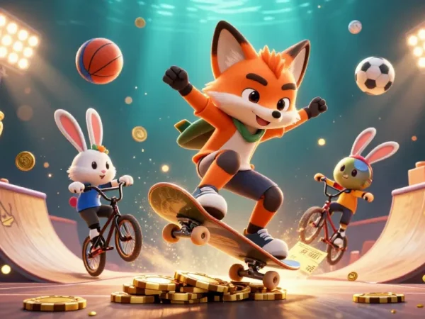 F168: Experience thrilling action with a skateboarder fox and BMX rabbit amid casino symbols.