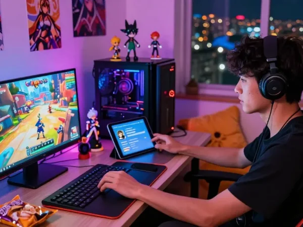 Engaging gaming scene with players immersed in hentai games on various devices.