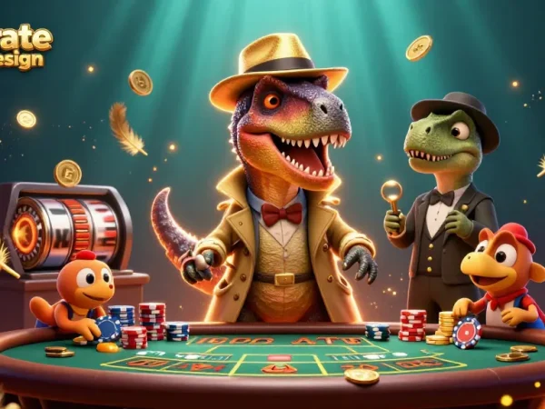 Engaging corporate website design scene showcasing casino elements with a velociraptor card counter.