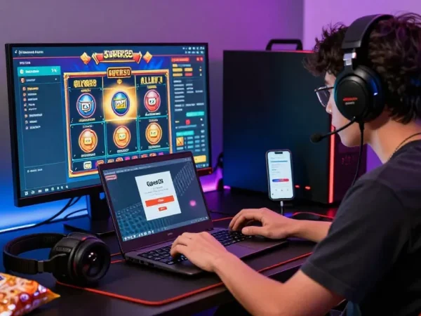 Pengguna aktif Super59 login untuk permainan slot gacor di laptop, dengan perangkat gaming dan camilan yang menyenangkan.