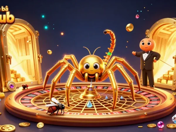 Experience betting excitement at cổng game bài b52club with a dynamic 3D illustration of a golden spider and treasures.