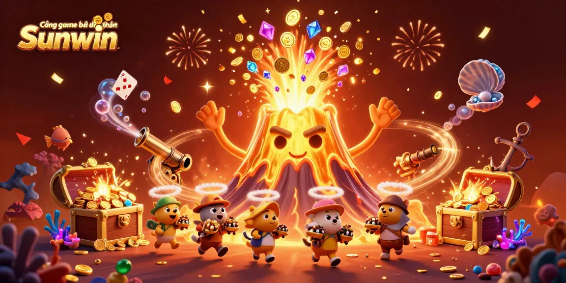 Engage with Cổng game bài đổi thưởng Sunwin and experience a thrilling scene of a golden volcano with treasure in a vibrant casino setting.