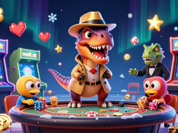 Join the action at tg88 where cartoon dinosaurs delve into thrilling blackjack amidst vibrant gaming elements.