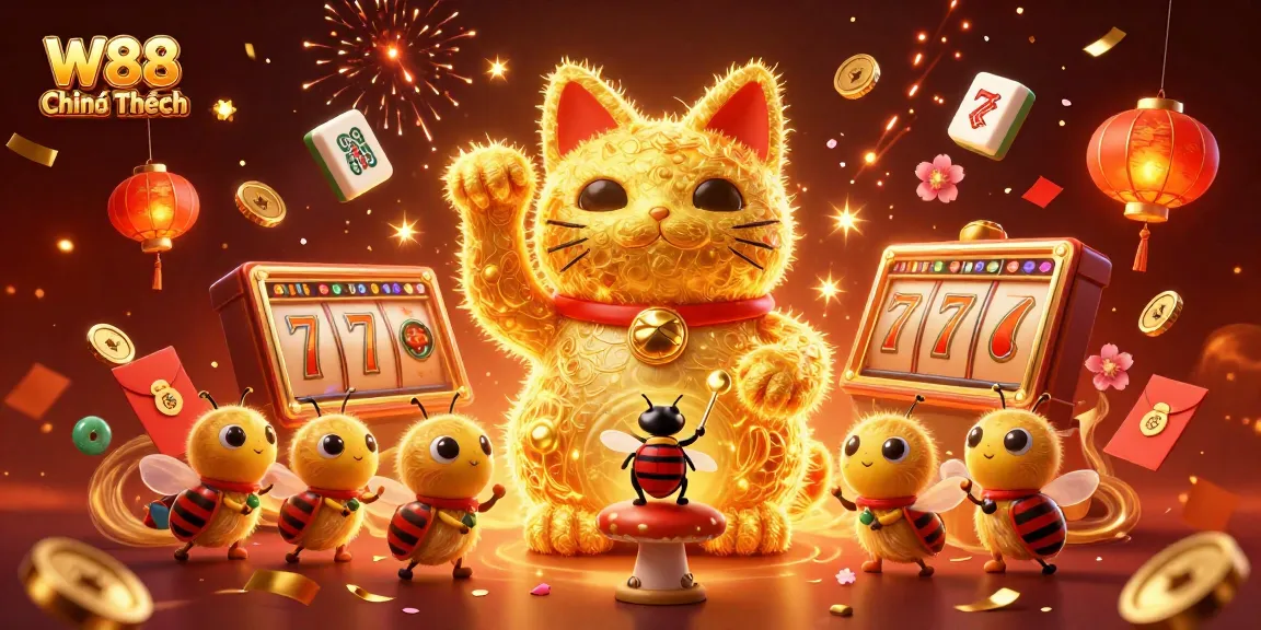 Engage with W88 Chính Thức through a vibrant, animated casino scene filled with dynamic gaming symbols and cultural elements.