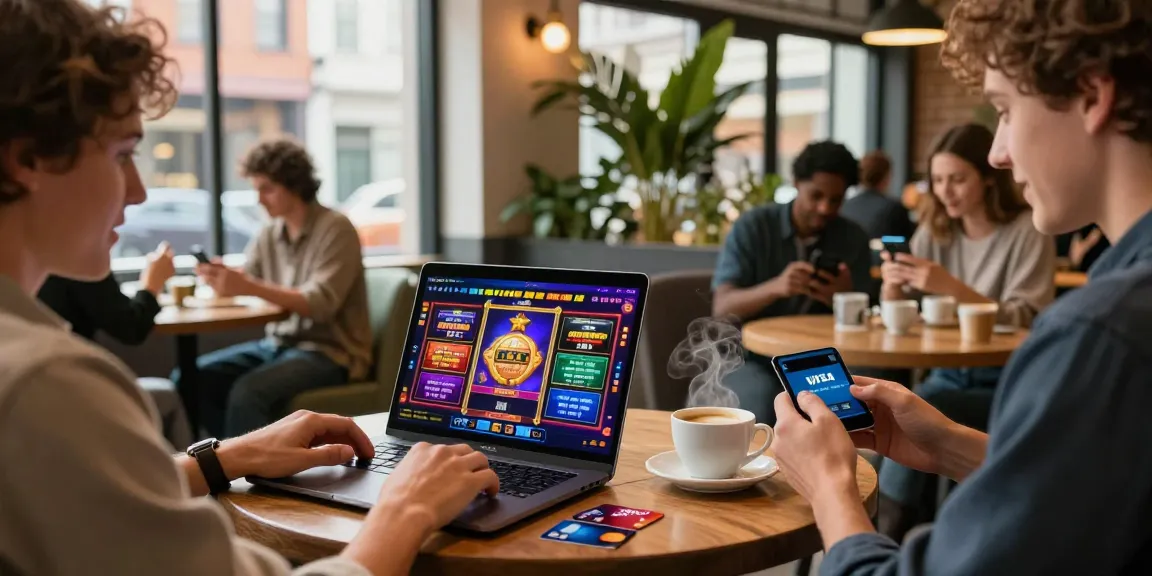 Player engaging at a laptop in a modern coffee shop, highlighting credit card casinos from https://transact.org.uk.