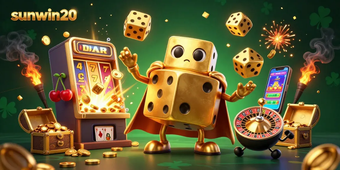 Experience the excitement of sunwin20 with a golden dice golem amid jackpot celebrations and vibrant casino elements.