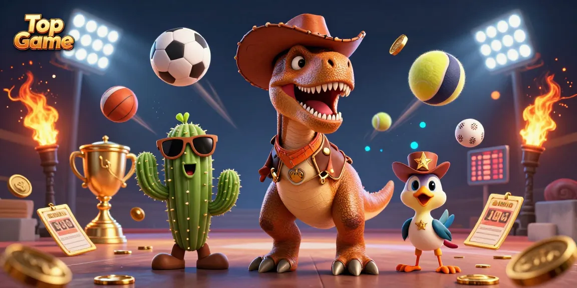 Top Game: Experience thrilling action with a vibrant casino scene featuring a T-Rex and sports elements.